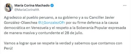 María Corina Machado agradece al Gobierno del Perú por la “firme defensa” ante el fraude en Venezuela imagen-10