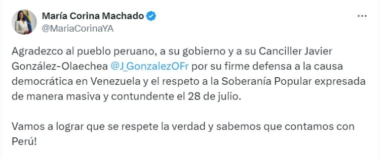 María Corina Machado agradece al Gobierno del Perú por la “firme defensa” ante el fraude en Venezuela imagen-4