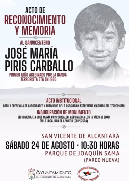 El primer niño asesinado por ETA recibirá 44 años después un homenaje este sábado en San Vicente de Alcántara (Badajoz) imagen-12