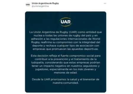 La UAR rechazó sumar casas de apuestas deportivas como aliadas de los clubes y del rugby argentino imagen-13