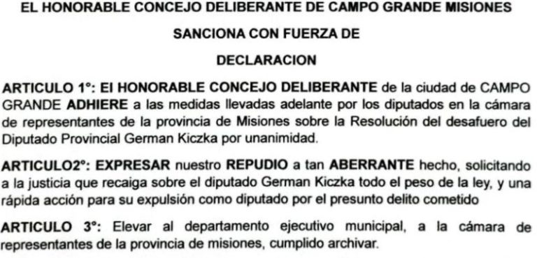 Concejo Deliberante de Campo Grande repudió a Germán Kiczka y pidió condena y destitución imagen-4