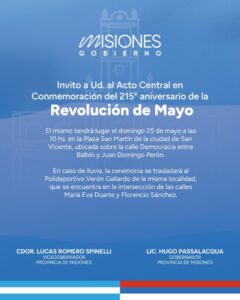 El Acto Central por el 215to Aniversario de la Revolución de Mayo se hará el domingo 25 en San Vicente imagen-1