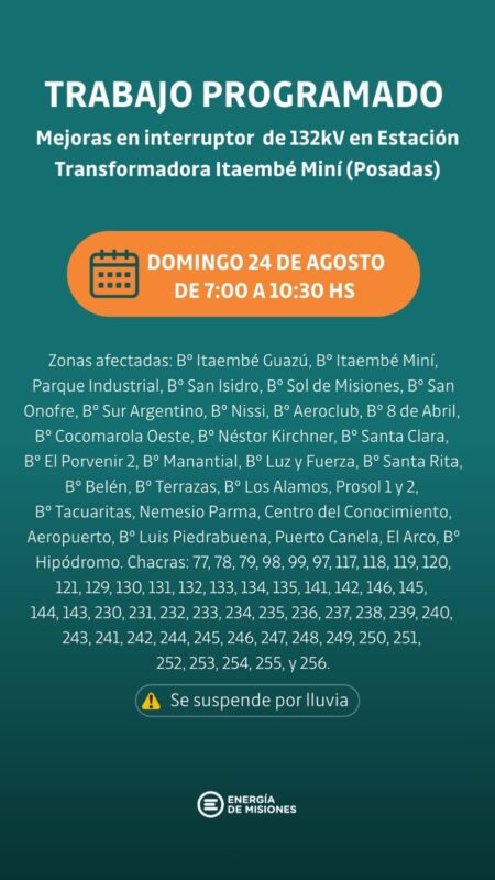 Corte programado el domingo para mejoras en Estación Transformadora de Posadas imagen-24