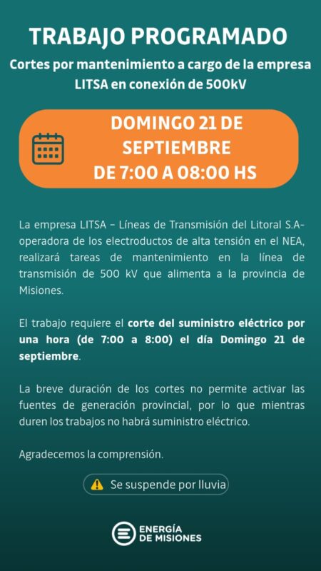 Por tareas en la línea 500Kv anuncian que el domingo habrá corte de energía de una hora en toda la provincia imagen-22