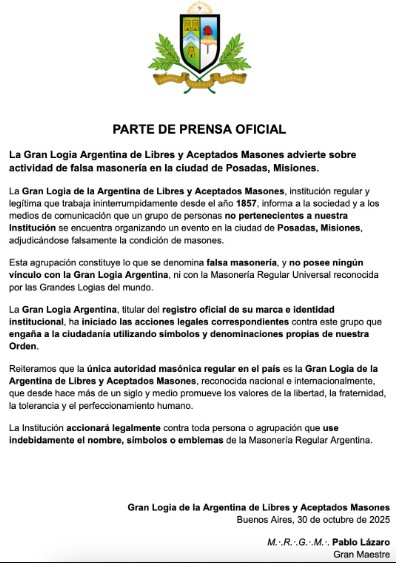La Gran Logia Argentina de Libres y Aceptados Masones advierte sobre actividad de «falsa masonería» en Posadas La Gran Logia Argentina de Libres y Aceptados Masones advierte sobre actividad de «falsa masonería» en Posadas imagen-5