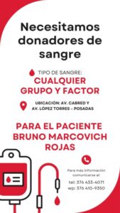 Llamado solidario en Posadas: necesitan donantes de sangre para el paciente Bruno Marcovich Rojas imagen-1