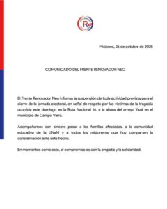 Tragedia en la Ruta Nacional 14: el Frente Renovador NEO suspendió sus actividades «en respeto a las víctima» Tragedia en la Ruta Nacional 14: el Frente Renovador NEO suspendió sus actividades «en respeto a las víctima» imagen-1