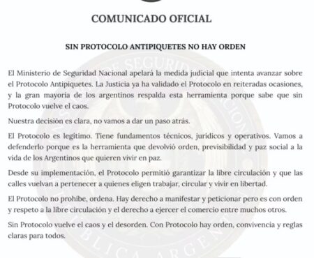 El Gobierno anunció que apelará la decisión de la Justicia de anular el protocolo antipiquetes imagen-7