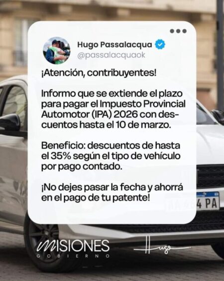 Passalacqua anunció nueva prórroga para paga el IPA 2026 con descuentos de hasta el 35% imagen-9