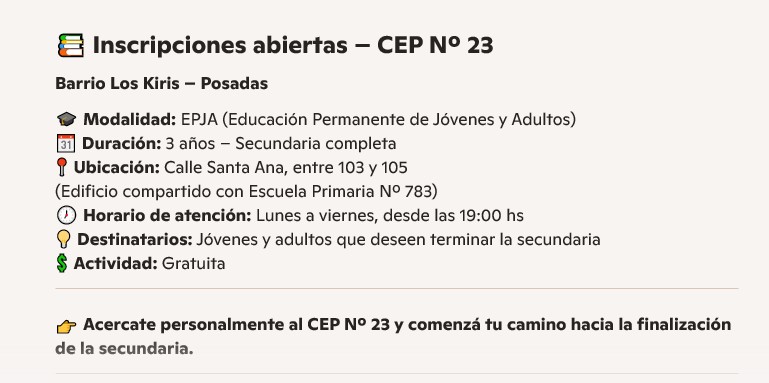 Posadas: inscripciones abiertas en el CEP Nº 23 del barrio Los Kiris imagen-5