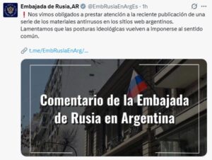 Con un comunicado, la embajada de Rusia rechazó la acusación por una presunta campaña contra Milei imagen-1