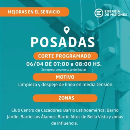 Energía de Misiones realizará cortes programados en distintas zonas de Posadas y Apóstoles para optimizar el servicio eléctrico imagen-6