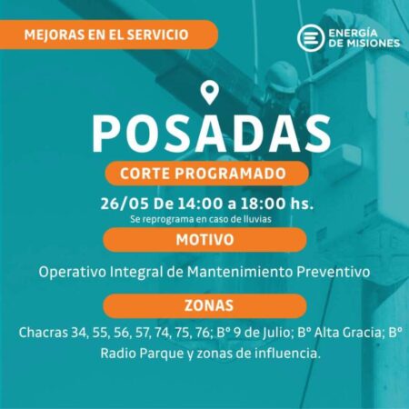 Cortes programados: Energía de Misiones anunció interrupciones del servicio en barrios de Posadas imagen-13