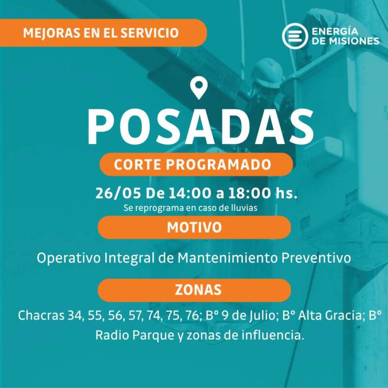 Cortes programados: Energía de Misiones anunció interrupciones del servicio en barrios de Posadas imagen-5