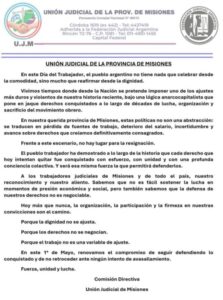 La Unión Judicial de Misiones advirtió que “la dignidad no se ajusta” en el Día del Trabajador imagen-1