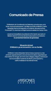El ministro Carlos Sartori ya se encuentra con su familia tras el incidente vial en la ruta 6 imagen-1