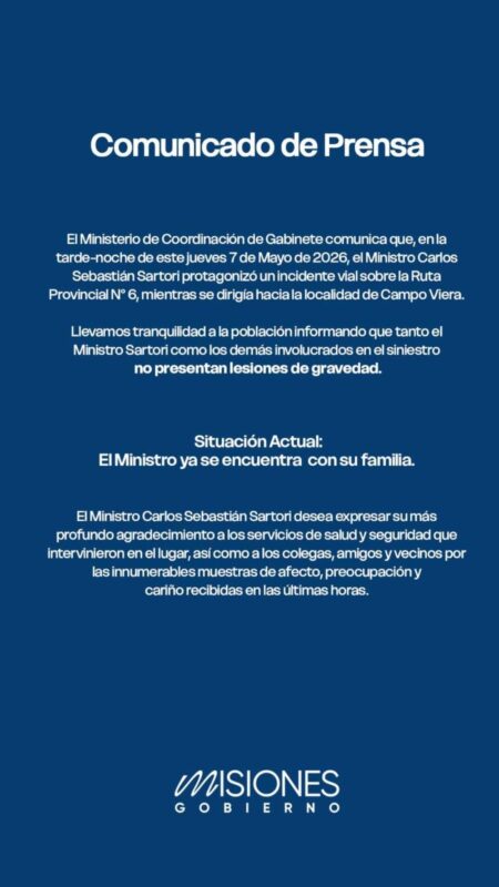 El ministro Carlos Sartori ya se encuentra con su familia tras el incidente vial en la ruta 6 imagen-5