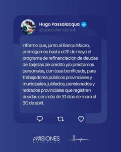Passalacqua anunció la prórroga del programa de refinanciación de deudas con el Banco Macro imagen-1