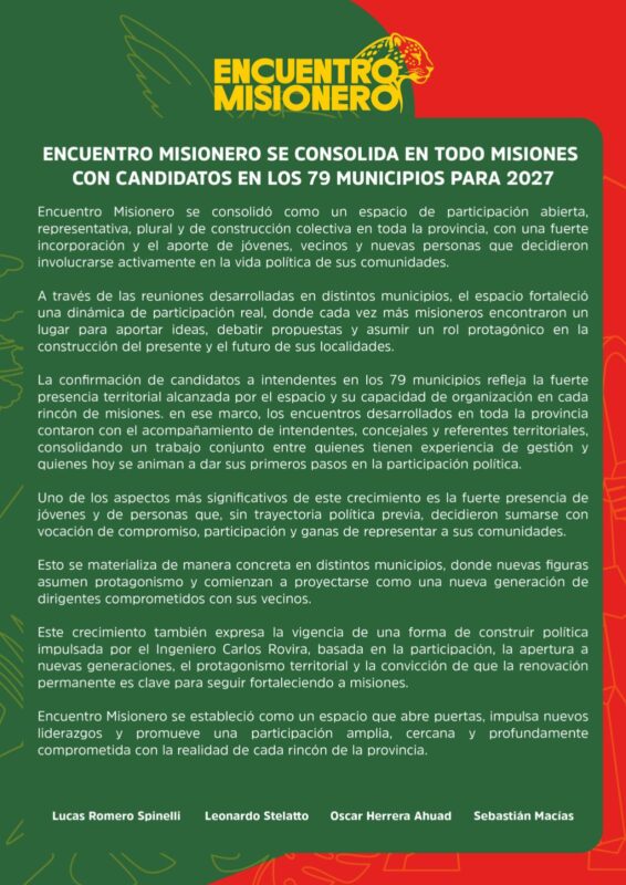 Encuentro Misionero presentará candidatos a intendente en los 79 municipios de la provincia Encuentro Misionero presentará candidatos a intendente en los 79 municipios de la provincia imagen-5