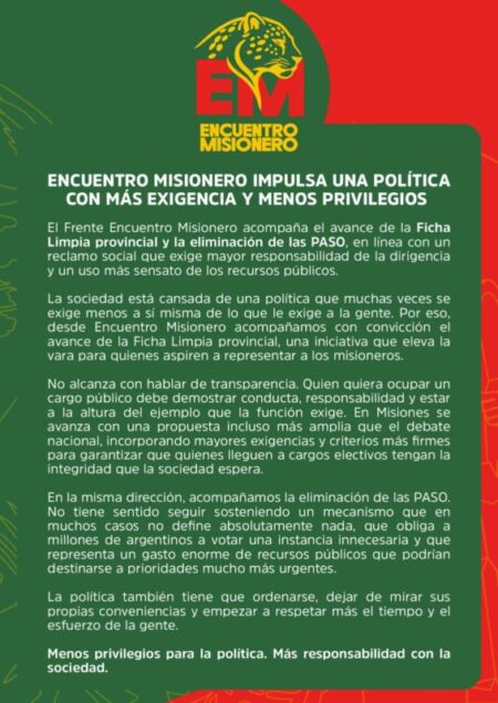 Encuentro Misionero impulsa la Ficha Limpia provincial y la eliminación de las PASO: «Menos privilegios para la política, más responsabilidad con la s... imagen-9