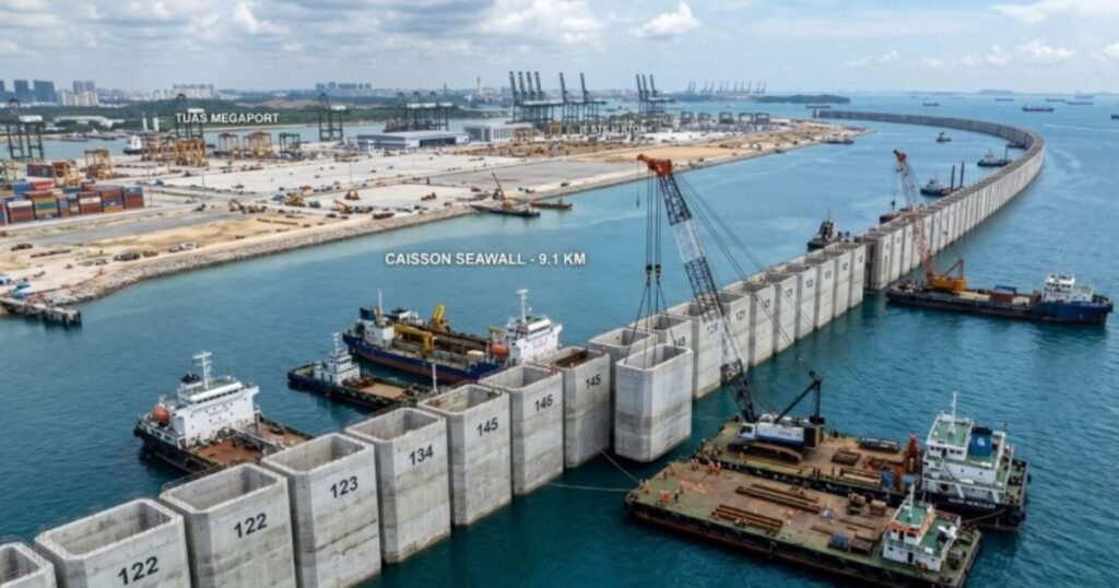 Casi 230 cajas gigantes de hormigón con la altura de un edificio de 10 pisos están formando una muralla marítima, para erigir un megapuerto que podrá mover 65 millones de contenedores al año imagen-5