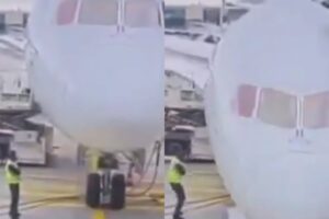 El momento exacto en que colapsó la parte delantera de un avión cuando estaba por salir en el aeropuerto de Frankfurt imagen-3