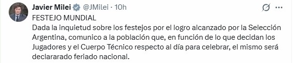 Milei anunció un feriado nacional para recibir a la Selección argentina tras el subcampeonato del Mundial 2026 Milei anunció un feriado nacional para recibir a la Selección argentina tras el subcampeonato del Mundial 2026 imagen-5