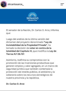 Senado: Arce dijo que votará en contra de la Ley de Tierras pero acompañará el resto del proyecto de Ley de Inviolabilidad de la Propiedad Privada Senado: Arce dijo que votará en contra de la Ley de Tierras pero acompañará el resto del proyecto de Ley de Inviolabilidad de la Propiedad Privada imagen-1