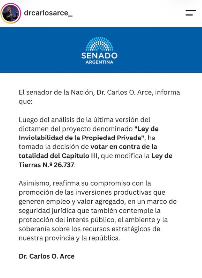 Senado: Arce dijo que votará en contra de la Ley de Tierras pero acompañará el resto del proyecto de Ley de Inviolabilidad de la Propiedad Privada imagen-18