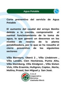 Corte preventivo de agua potable en varios sectores de Oberá por la crecida del arroyo Bonito imagen-75