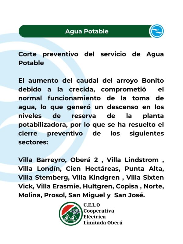 Corte preventivo de agua potable en varios sectores de Oberá por la crecida del arroyo Bonito imagen-72