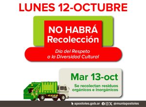 El 12 de octubre no habrá servicio de recolección de residuos en Apóstoles El 12 de octubre no habrá servicio de recolección de residuos en Apóstoles imagen-5